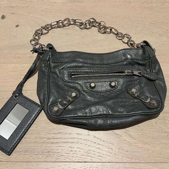 Balenciaga Handbags - BALENCIAGA Gray Leather Bag with Chain Strap & Pocket Mirror